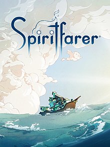 the cover art for Spiritfarer. it features a boat with many buildings stacked on it sailing in the middle of an ocean. there are large, fluffy clouds in the sky. in the logo, there is a wavy line, flame-like that looks like a spirit, and the dots in the I's are glowing like eyes