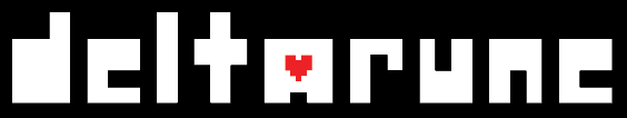 the logo for Deltarune. it is the word 'deltarune' in all caps and white block letters on a black background. inside the hole of the capital A is a red heart