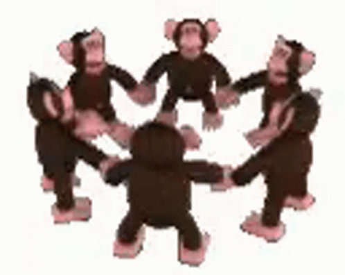 an animated gif of six monkeys spinning, forming a circle with their joined hands