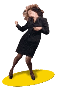 an animated gif of a woman standing on a yellow disc dancing rapidly. she has long brown hair and is wearing a black dress shirt, a black pencil skirt, black stockings, and black heels