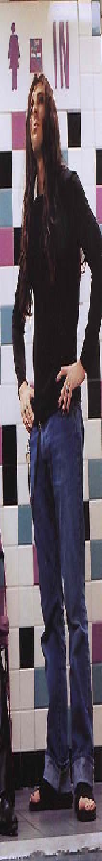 a picture of Maynard James Keenan from the early 2000s. He is standing with his hands on his hips, and has long brown hair. He is wearing a long sleeved shirt, jeans, and flip flops. the image has been stretched vertically so that it is very long and distorted