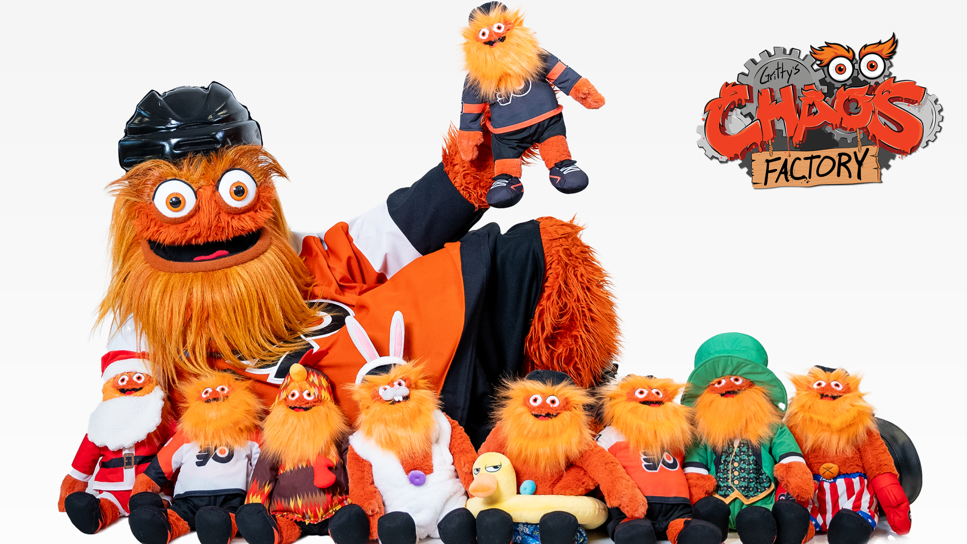 the flyers mascot gritty posing with itty bitty gritty plushes in various outfits. the top right shows the logo for the shop in the arena that sells them: gritty's chaos factory