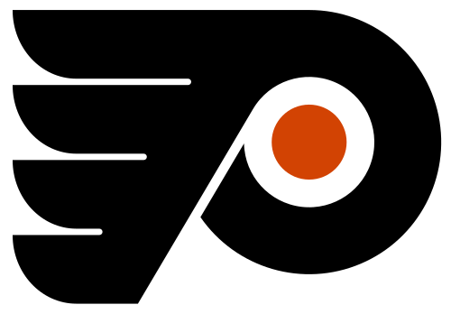 the philadelphia flyers logo. it resembles a slanted 'P' with wings. it's black with a white outline and an orange circle in the 'hole' of the P