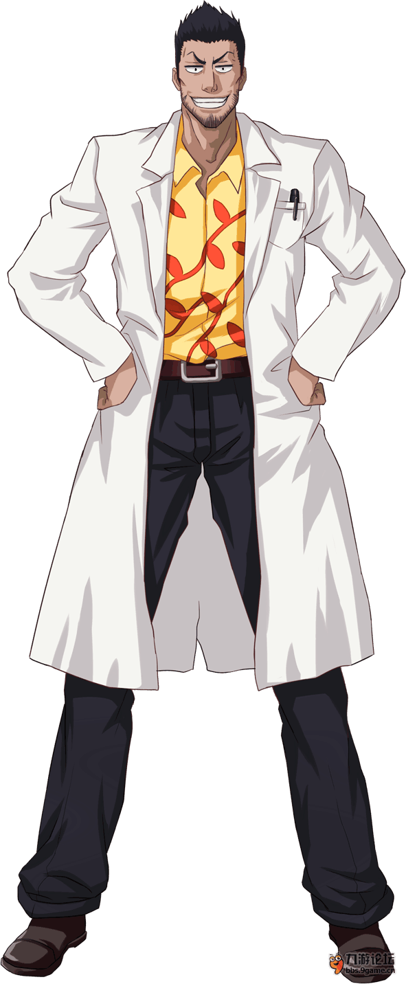 official art of isshin kurosaki from bleach. he has dark, spiked hair and a thin beard. he wears a big grin, a white doctor's coat over a patterned, yellow and red button-up shirt, and black slacks