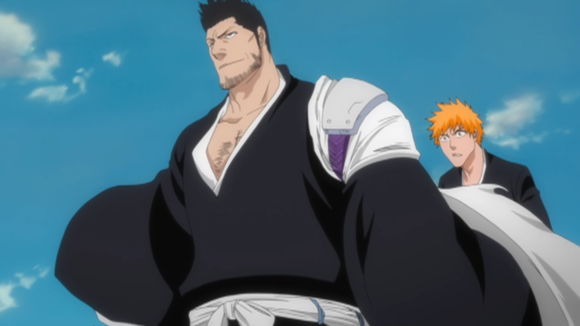 a screenshot from the Bleach anime. it features Isshin in his Shinigami form placing himself in front of Ichigo during the fight with Aizen in fake Karakura Town