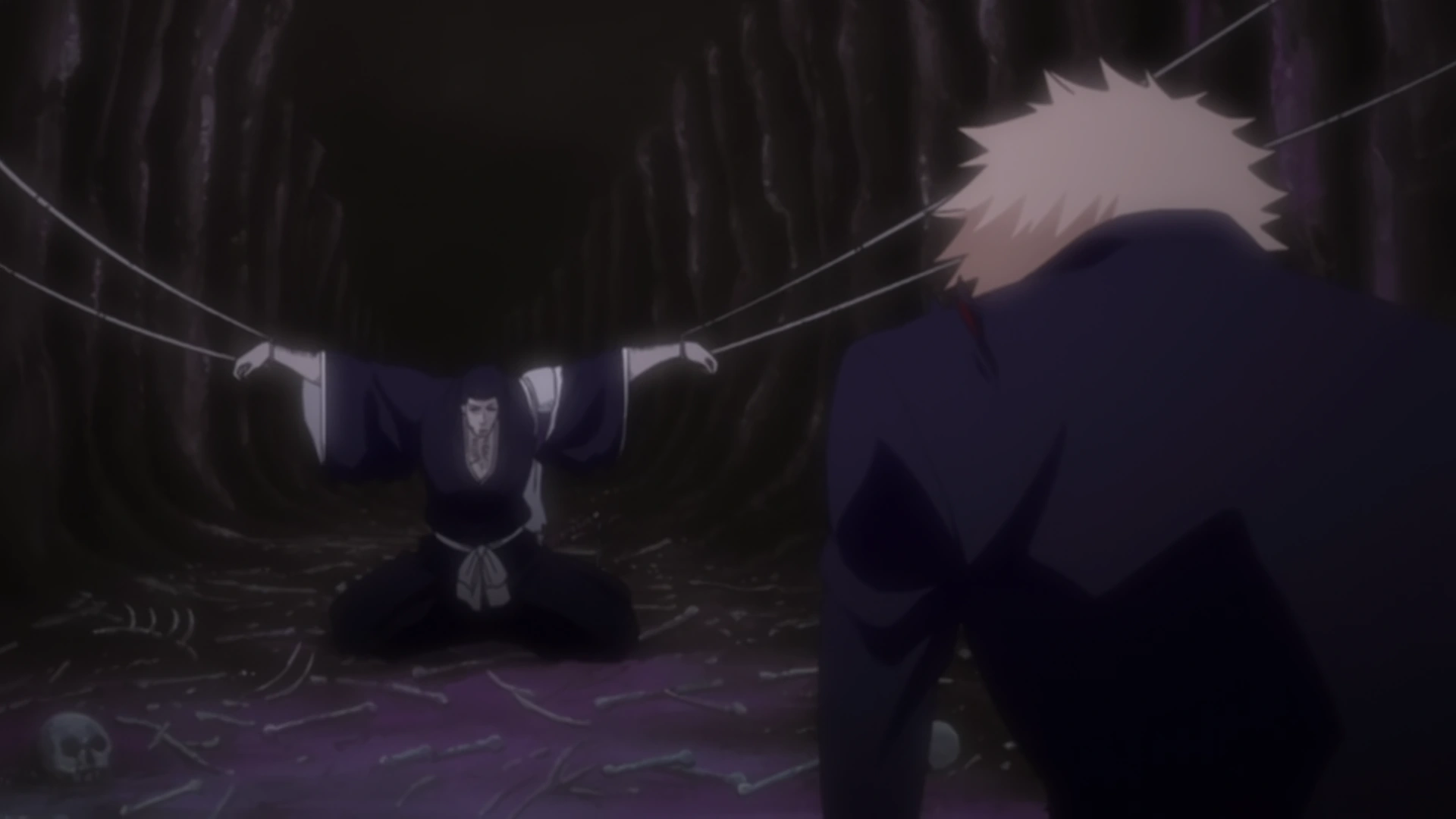 a screenshot from the Bleach anime. it features Isshin in his shinigami form sitting in dangai across from meditating Ichigo. he is kneeling with his arms bound by ropes attacked to the walls and looks like he has exerted a lot of energy