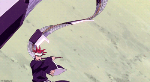 a gif from the Bleach anime. renji swings his shikai released zabimaru from side to side, making it extend and coil around