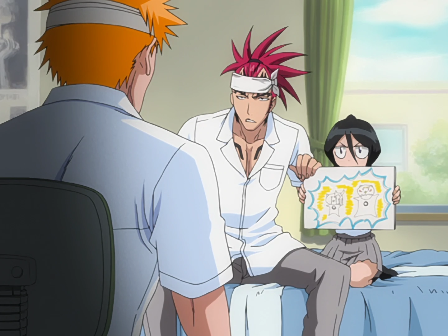 a screenshot from the Bleach anime. it features renji in the uniform for ichigo's school sitting next to rukia on ichigo's bed. they are seriously presenting rukia's childish drawings to ichigo