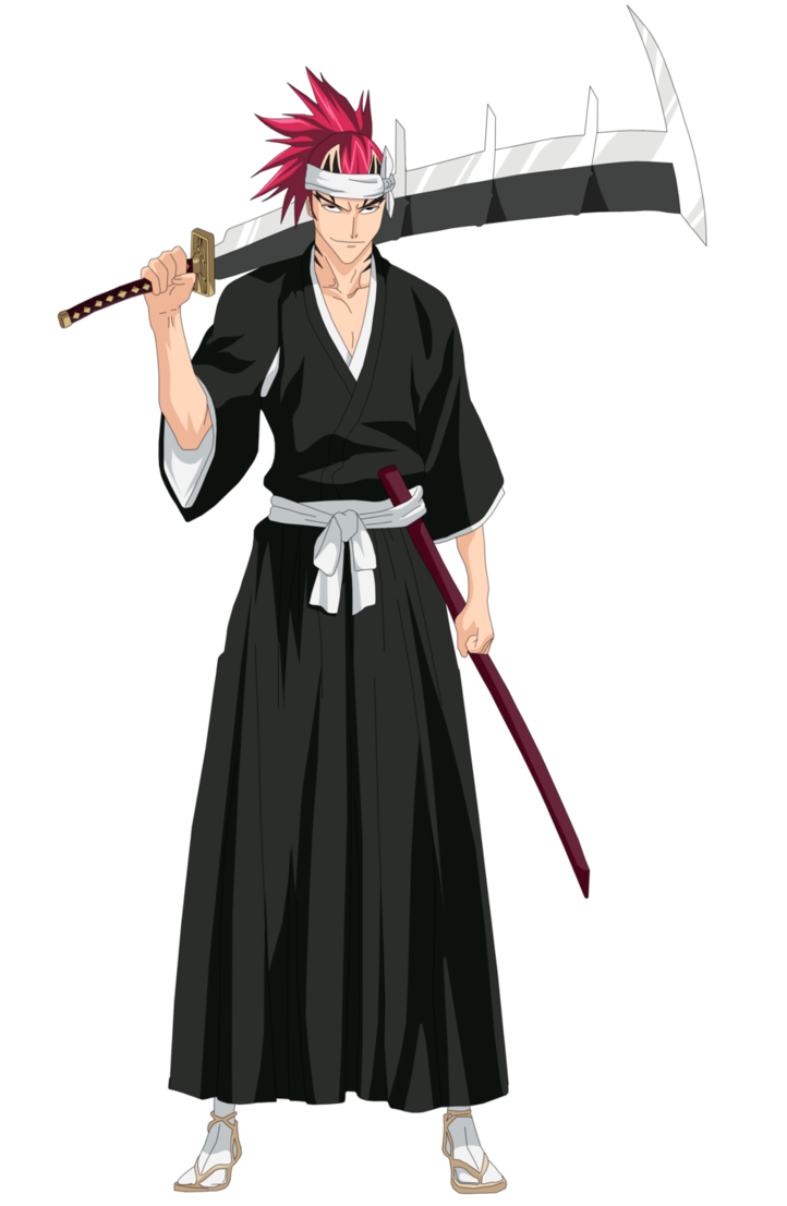 official art of renji abarai from bleach. he wears a standard shinigami uniform. he's resting his released zanpakuto, zabimaru, on his shoulder. it is made up of wide segments and has long, sharp points on each one.