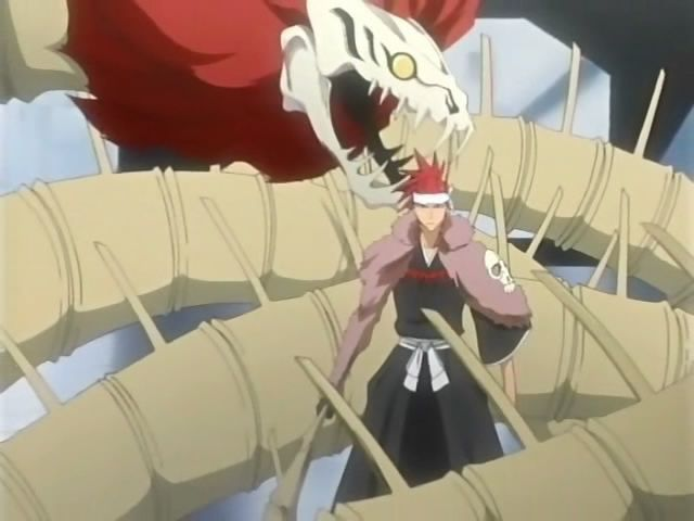 a screenshot from the Bleach anime. it features renji using his former bankai, hihio zabimaru. he is surrounded by giant spinal segments with the skull of zabimaru looming over his head