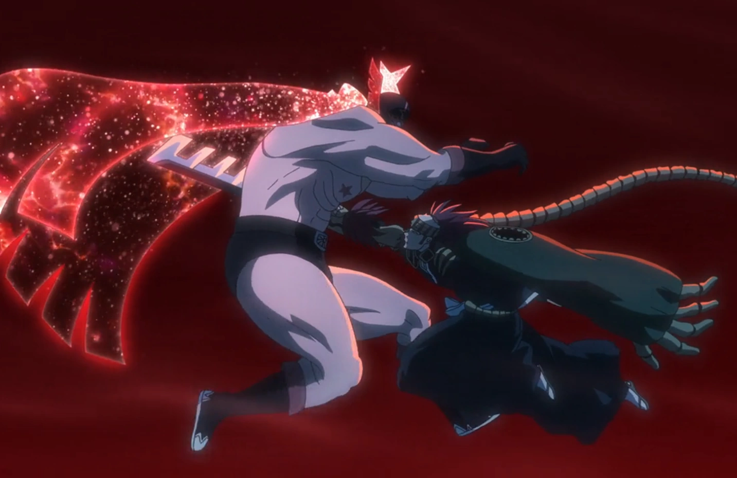 a screenshot from the Bleach anime. it features renji stabbing mask de masculine with a serated blade in his true bankai form. his skeletal arm, hihio, as well as a chain of bones trail behind him as he moves through the air